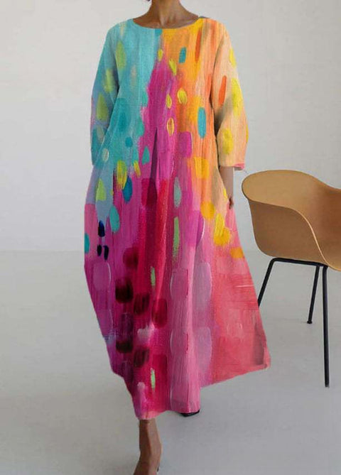 Robe ample à col ras du cou et manches longues imprimée m301072