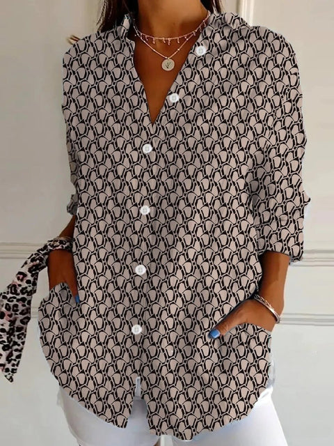 3D digital printing abstract pattern women's long-sleeved buckle linen shirt m302749-03