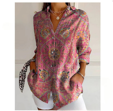 Chemise en lin à manches longues et boucle pour femme, motif abstrait imprimé numérique 3D, M301277 