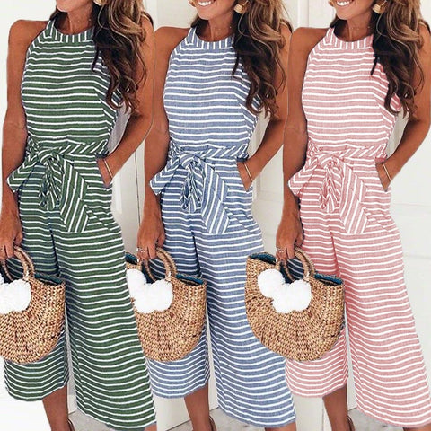 Slim Lace-up Sexy Striped Crew Neck Jumpsuit M302365