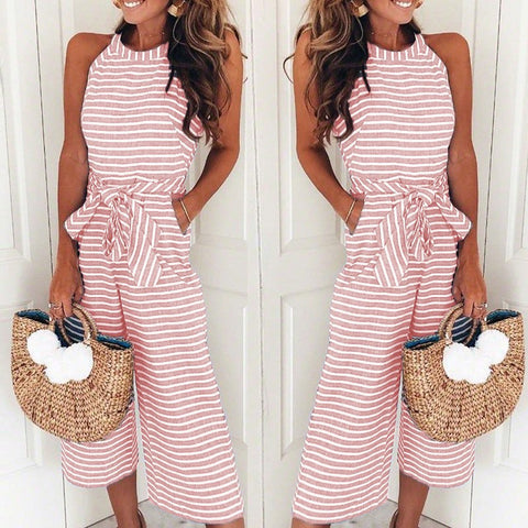 Slim Lace-up Sexy Striped Crew Neck Jumpsuit M302365