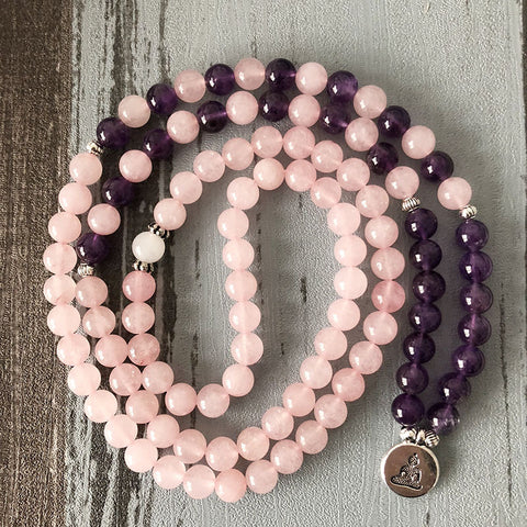 Collier et bracelet Mara, bracelet de yoga en améthyste de 6 mm, bracelet Mara Lotus 108 perles rose m3331246