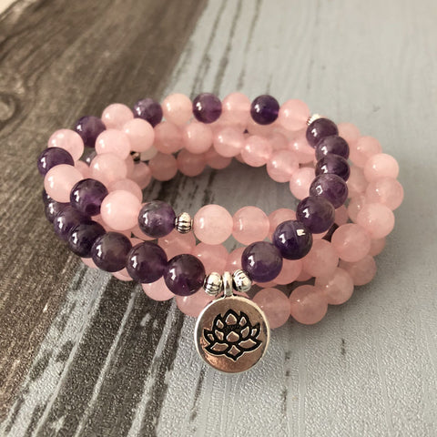 Collier et bracelet Mara, bracelet de yoga en améthyste de 6 mm, bracelet Mara Lotus 108 perles rose m3331246