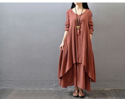 Spring and Autumn Break two-piece long dress literary pendulum linen dress loose long-sleeved cotton and linen skirt m302521