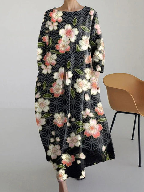 Robe ample à col ras du cou et manches longues imprimée m301072