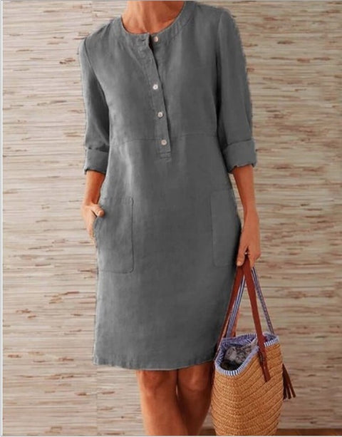 Robe à manches longues et col rond en coton et lin m300061 