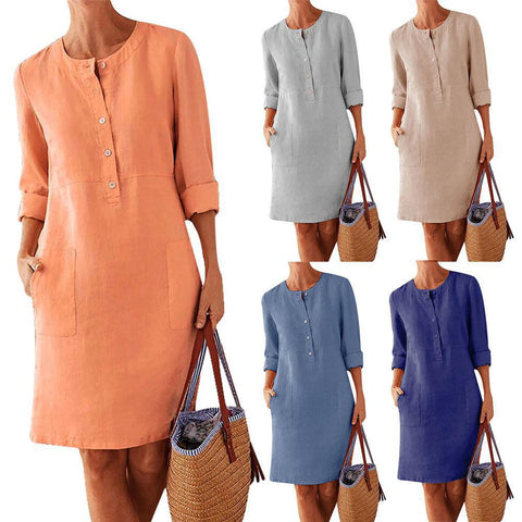 Robe à manches longues et col rond en coton et lin m300061 