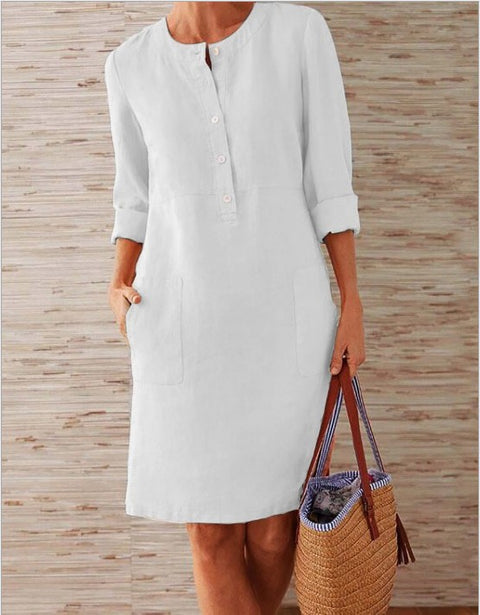 Robe à manches longues et col rond en coton et lin m300061 