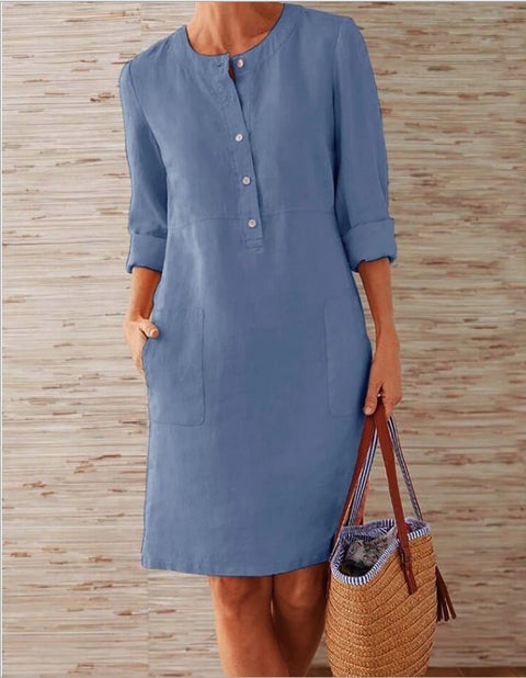 Robe à manches longues et col rond en coton et lin m300061 
