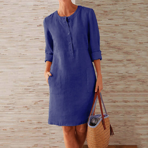 Robe à manches longues et col rond en coton et lin m300061 
