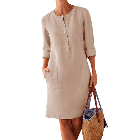 Robe à manches longues et col rond en coton et lin m300061 