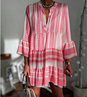 Robe imprimée ample col V en mousseline de soie jupe courte plissée m300054 