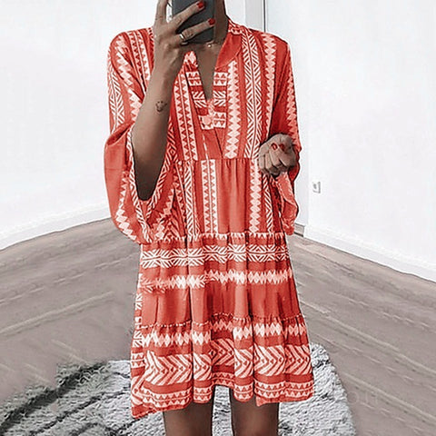 Robe imprimée ample col V en mousseline de soie jupe courte plissée m300054 