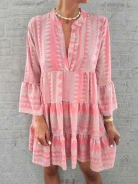 Robe imprimée ample col V en mousseline de soie jupe courte plissée m300054 