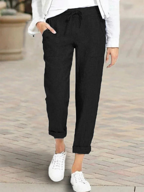 Drawstring high waist pocket loose large size cotton and linen casual pants women m301567