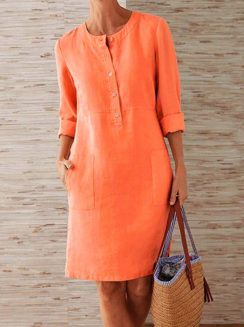 Robe à manches longues et col rond en coton et lin m300061 