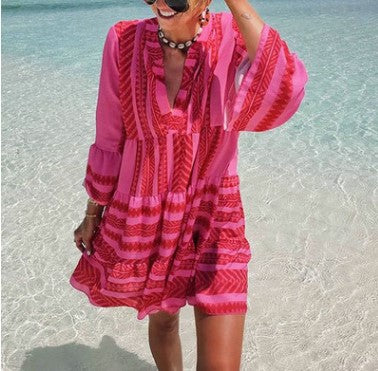 Robe imprimée ample col V en mousseline de soie jupe courte plissée m300054 