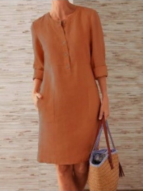 Robe à manches longues et col rond en coton et lin m300061 