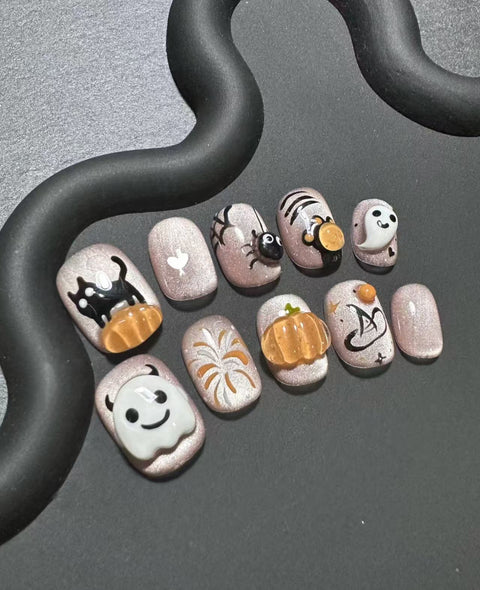 Tragen Sie handgemachte Cartoon dreidimensionale süße Kürbis Maniküre Patch handbemalt Student lustige Nägel m3331218