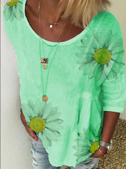 T-Shirt mit Rundhalsausschnitt und 7/4-Ärmeln und Chrysanthemen-Print für Damen m300893 