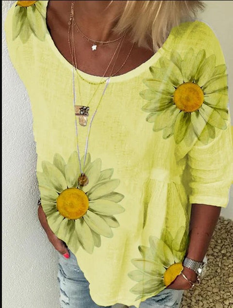 T-Shirt mit Rundhalsausschnitt und 7/4-Ärmeln und Chrysanthemen-Print für Damen m300893 