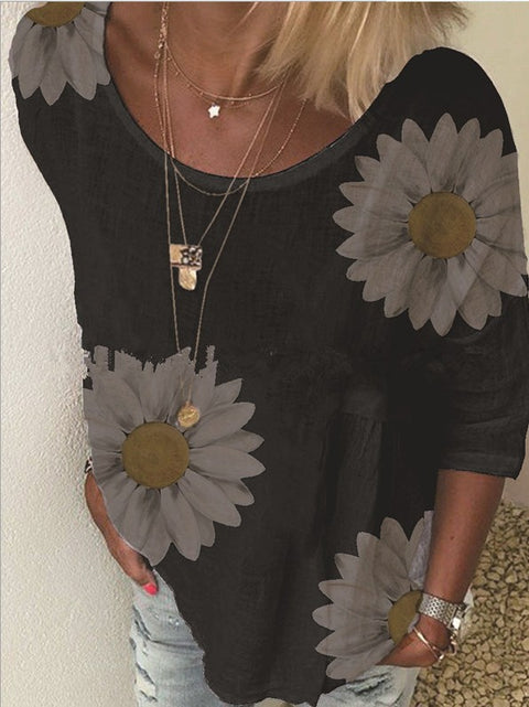 T-Shirt mit Rundhalsausschnitt und 7/4-Ärmeln und Chrysanthemen-Print für Damen m300893 