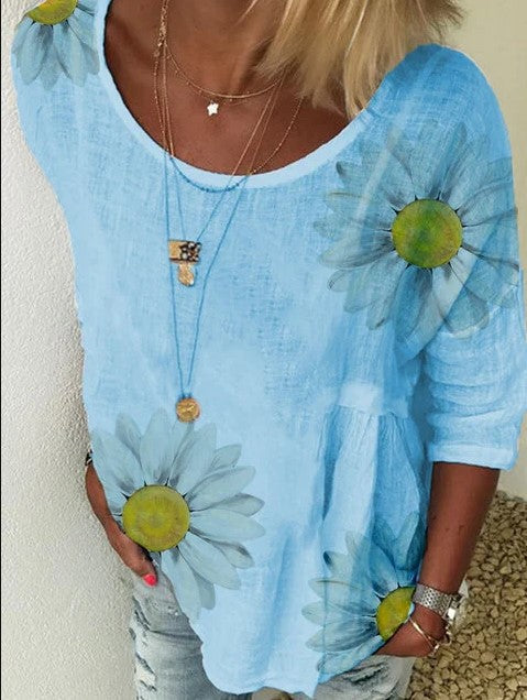 T-Shirt mit Rundhalsausschnitt und 7/4-Ärmeln und Chrysanthemen-Print für Damen m300893 
