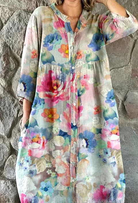Robe chemise ample à col ras du cou et manches longues pour femme, imprimée, de qualité supérieure, m301050
