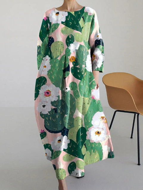 Robe ample à col ras du cou et manches longues imprimée m301072