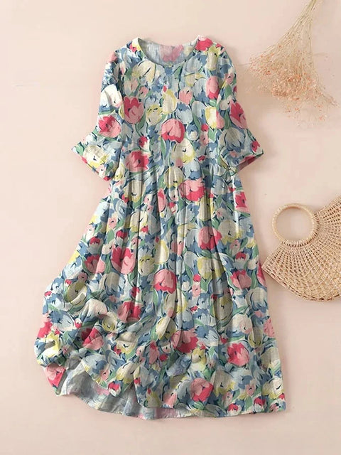 Robe ample à col ras du cou et manches longues imprimée m301072