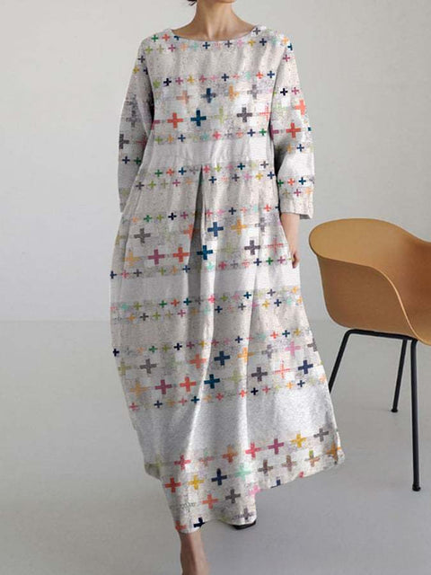 Robe ample à col ras du cou et manches longues imprimée m301072