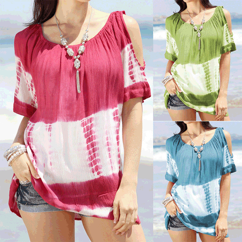 Modisches, sexy, schulterfreies Tie-Dye-Oberteil mit Rundhalsausschnitt, kurzen Ärmeln und lockerem Schnitt M300247 