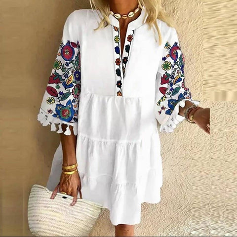 Robe courte à col en V et imprimé à pompons, style tempérament mignon M300195 
