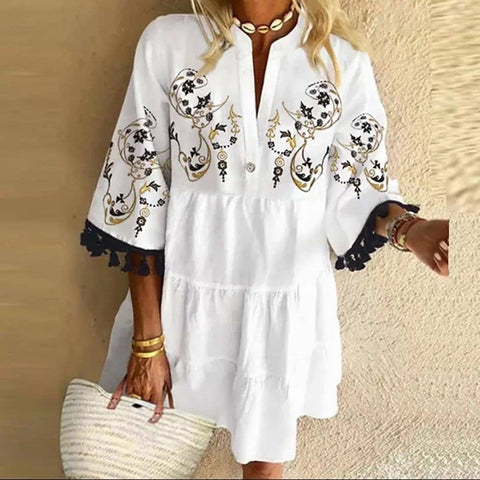 Robe courte à col en V et imprimé à pompons, style tempérament mignon M300195 