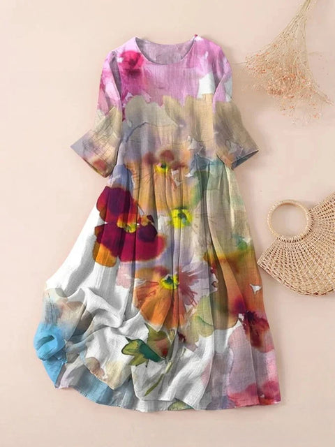 Robe ample à col ras du cou et manches longues imprimée m301072
