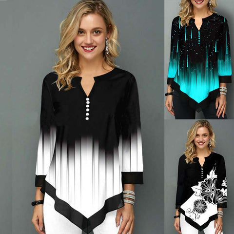 T-shirt ample imprimé à col en V et ourlet irrégulier M300209 