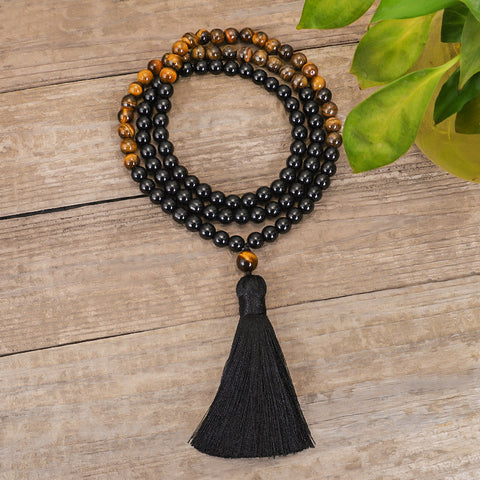 Ensemble de colliers 108 œil de tigre, collier de yoga, chaîne de pull à pompons m3331304