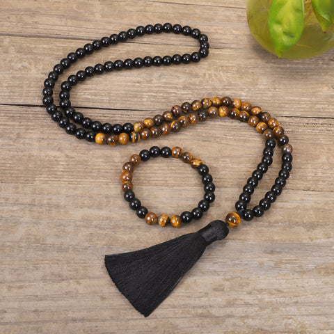 Ensemble de colliers 108 œil de tigre, collier de yoga, chaîne de pull à pompons m3331304