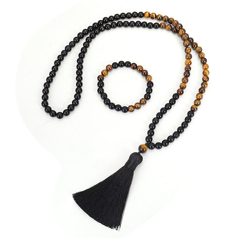 Ensemble de colliers 108 œil de tigre, collier de yoga, chaîne de pull à pompons m3331304