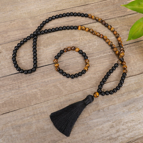 Ensemble de colliers 108 œil de tigre, collier de yoga, chaîne de pull à pompons m3331304