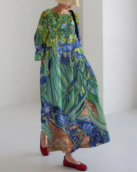 Robe ample à col ras du cou et manches longues imprimée m301072