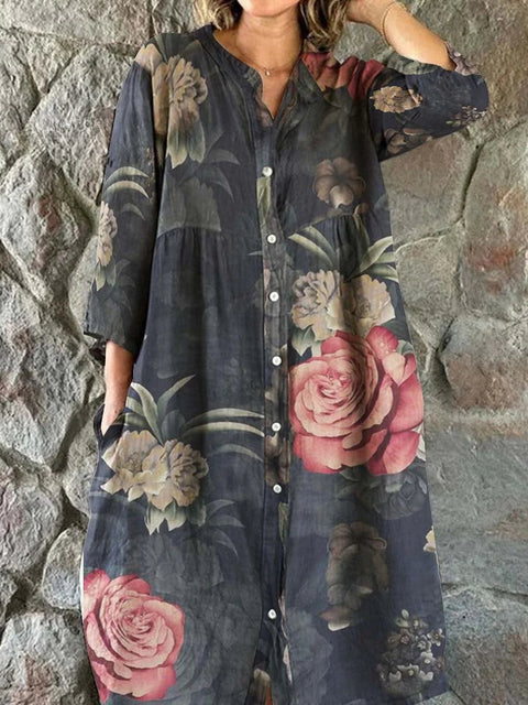 Lockeres Damen-Hemdkleid mit Rundhalsausschnitt, modisch, Premium, langärmlig, bedruckt, m301050