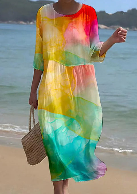 Robe ample à col ras du cou et manches longues imprimée m301072