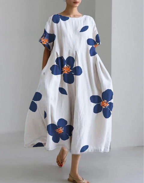 Robe ample à col ras du cou et manches courtes pour femme, haut de gamme, imprimée, m301052