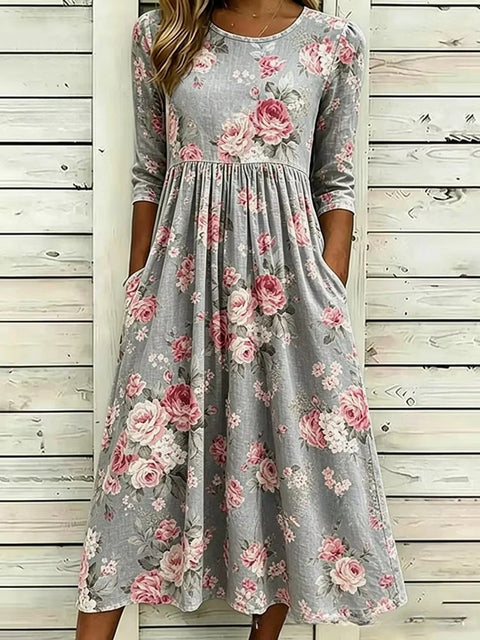 3D printed floral element women's crew neck pocket dress m303029