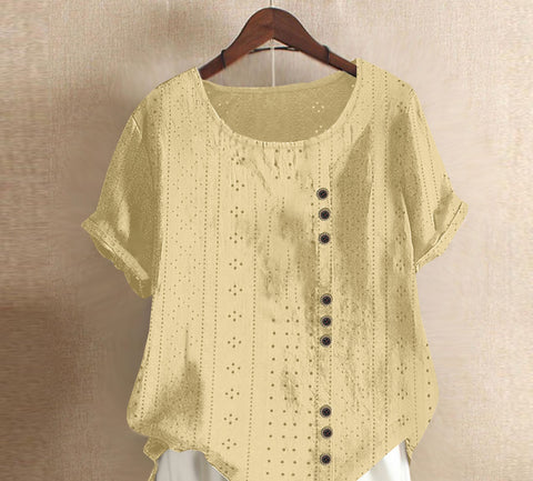 Haut d'été ample à manches courtes et col rond pour femme, couleur unie, avec boutons, style Palace Lock, m300046