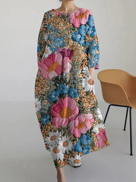 Robe ample à col ras du cou et manches longues pour femme, haut de gamme, imprimée, m301049