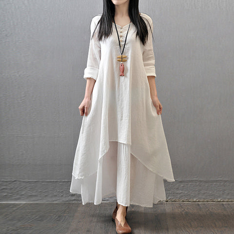 Spring and Autumn Break two-piece long dress literary pendulum linen dress loose long-sleeved cotton and linen skirt m302521