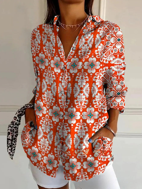 3D digital printing abstract pattern women's long-sleeved buckle linen shirt m302749-03