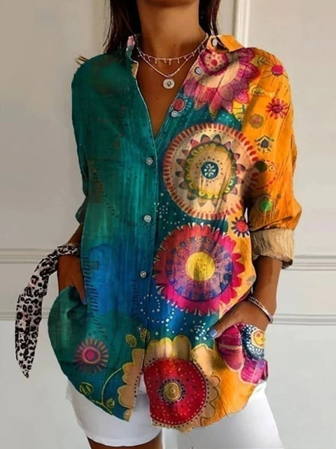3D digital printing abstract pattern women's long-sleeved buckle linen shirt m302749-03